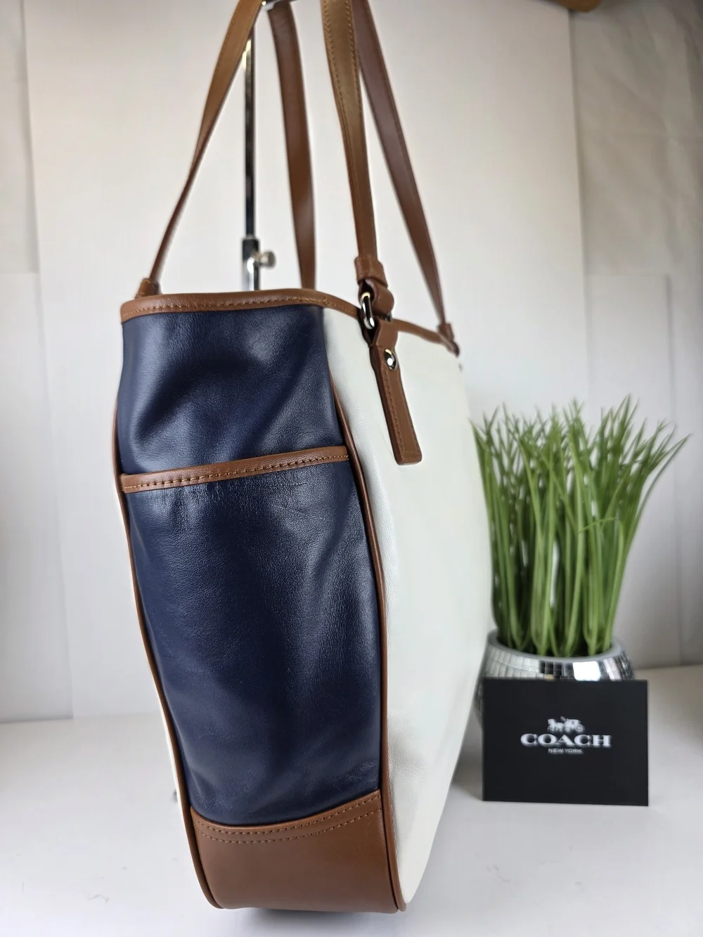 Coach Park Y2K Colorblock White & Navy Leather Tote with Brown Trim Shoulder Bag